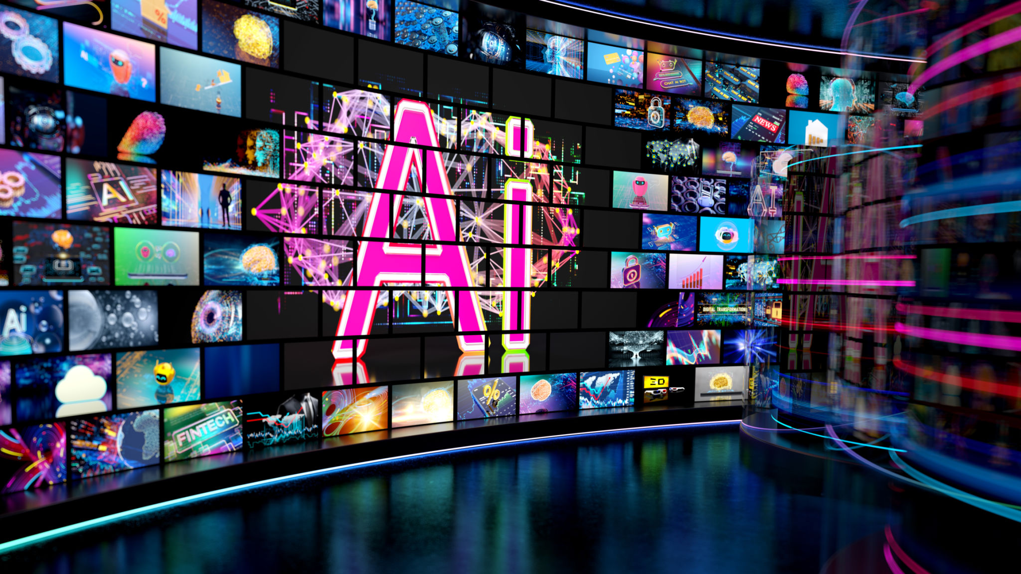 AI - Artificial Intelligence concept. Media concept TV - video wall with small screens. . Digital multiple television screens AI - Artificial Intelligence concept. Media concept TV - video wall with small screens. . Digital multiple television screens