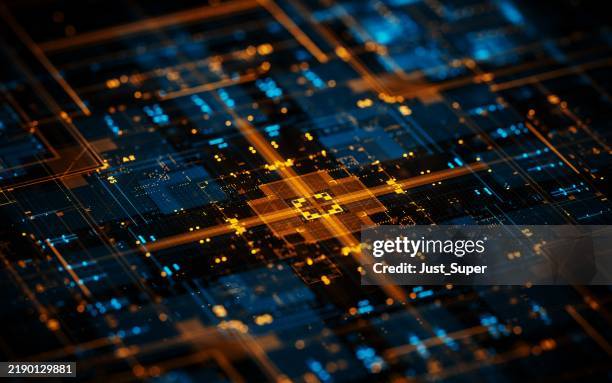 futuristic artificial intelligence machine learning data technology complex , interconnected network. digital transformation - placa de circuito imagens e fotografias de stock