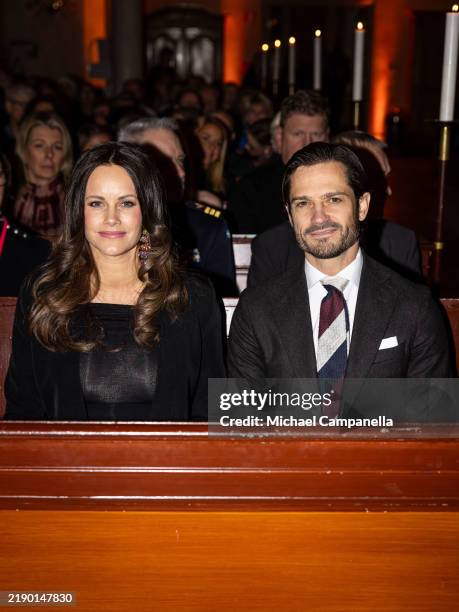 Princess Sofia and Prince Carl Philip of Sweden attend the "Christmas In Vasastan" concert at Gustaf Vasa Church on December 20, 2024 in Stockholm,...
