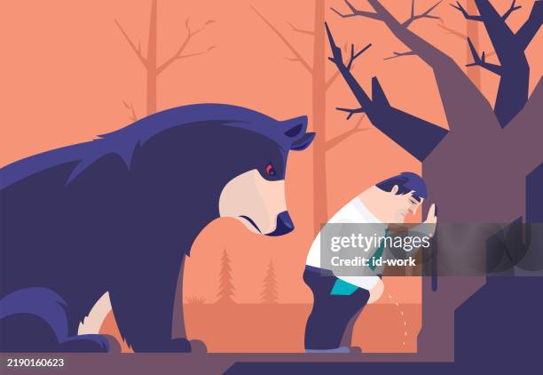 bear sitting and looking for businessman who urinating beside tree - prostatitis stock illustrations