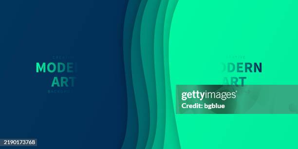 green abstract wave shapes - paper cut background - trendy 3d design - vertical line pattern stock illustrations