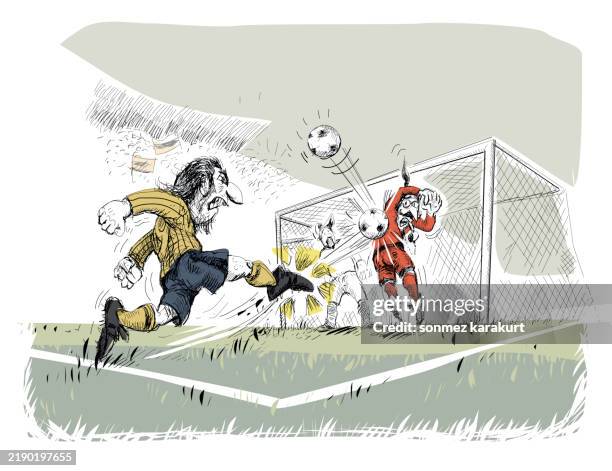 soccer player shoots the goal ball hits the defender - follow through stock illustrations