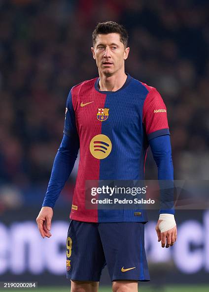 Robert Lewandowski of FC Barcelona looks on during the LaLiga EA