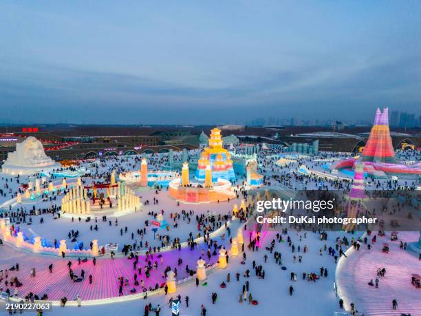 high view of harbin ice festival - wonderland sculpture stock pictures, royalty-free photos & images