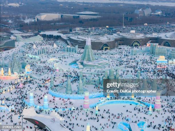 high view of harbin ice festival - wonderland sculpture stock pictures, royalty-free photos & images