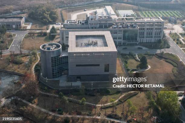 This photo shows a aerial view of the P4 laboratory on the campus of the Wuhan Institute of Virology in Wuhan in China's central Hubei province on...