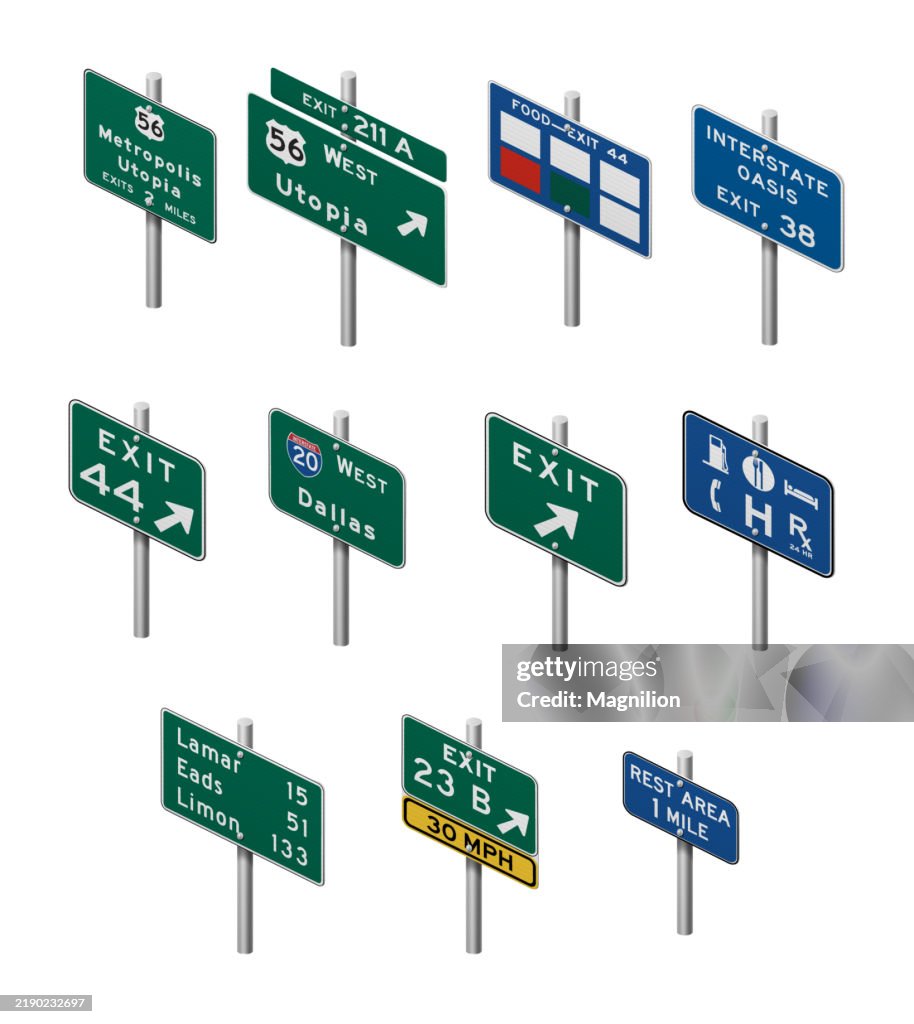 Interchange Sign Highway Road Signs Collection In Green And Blue Interchange Signs ...