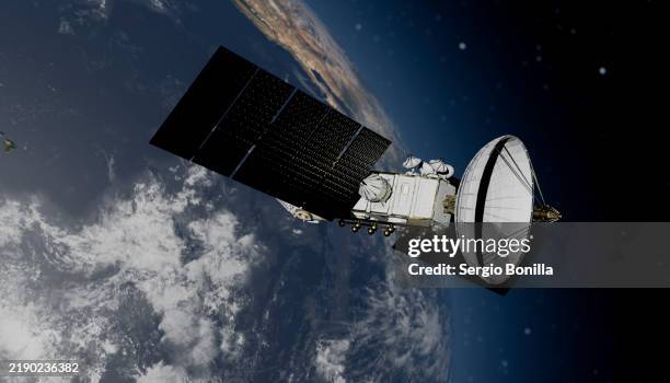 bildbanksillustrationer, clip art samt tecknat material och ikoner med illustration of a satellite orbiting earth with a detailed view of its solar panels and communication dish against the backdrop of space - telekommunikationsutrustning
