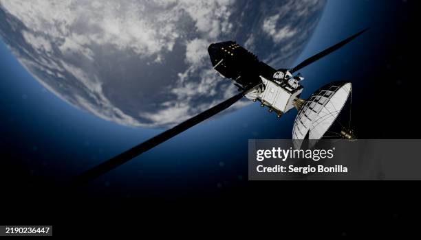 illustration of a satellite orbits earth against a backdrop of space and a sunlit horizon - planet earth stock illustrations