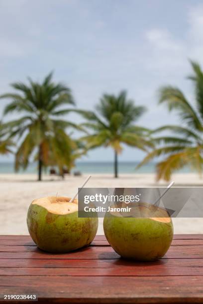 coconut drinks on wooden table on beach - coconut drink stock pictures, royalty-free photos & images