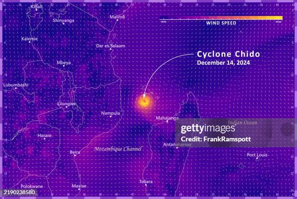 cyclone chido 20241214 wind weather map mozambique channel infographic - wind map stock illustrations