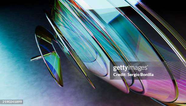 a colorful abstract composition featuring light reflections on curved, translucent surfaces against a dark background - blending light stock illustrations