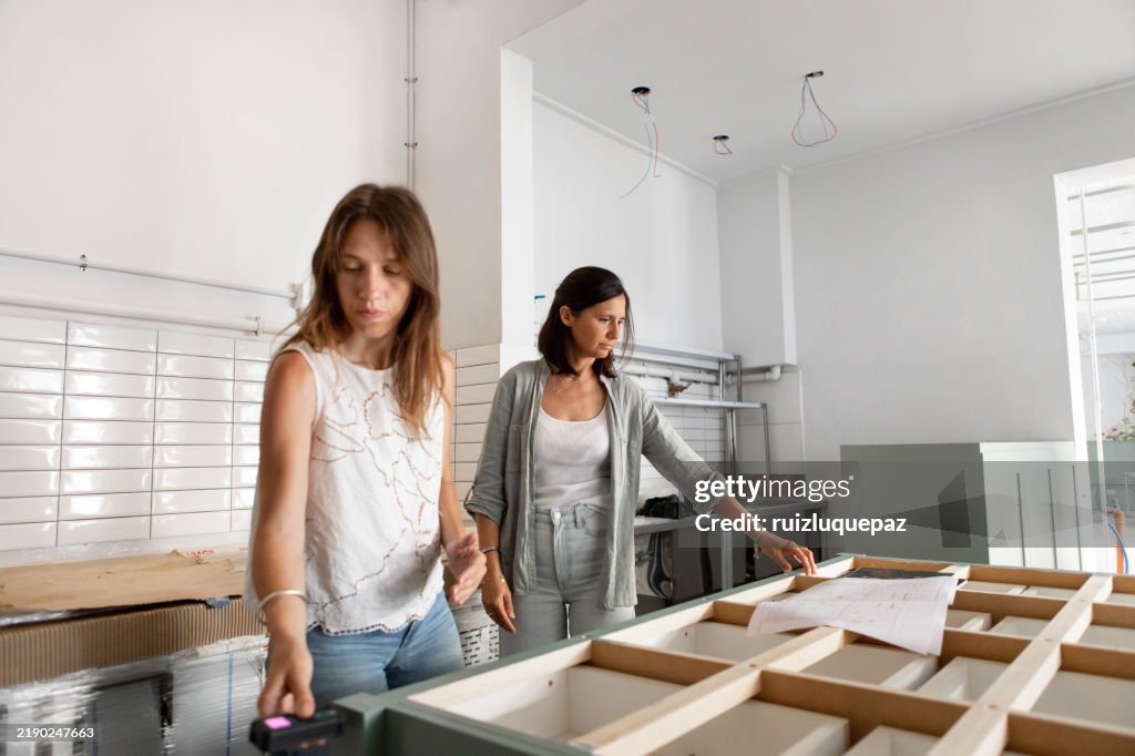 Female architects working on kitchen design