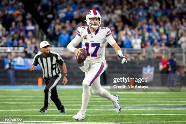 Josh Allen of the Buffalo Bills runs while looking to pass the ball against the Detroit Lions at Ford Field on December 15, 2024 in Detroit, Michigan.