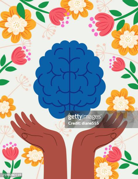 mental health concept. hands holding a brain with plants and flowers - wellbeing stock illustrations