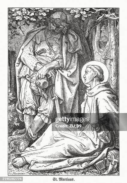 saint martin among robbers, wood engraving, published 1883 - st-martin-of-tours-catholic-church stock illustrations