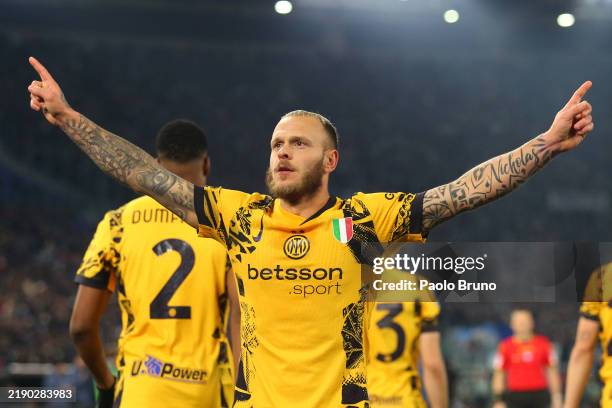 Federico Dimarco of FC Internazionale celebrates scoring his team's second goal during the Serie A match between SS Lazio and FC Internazionale at...