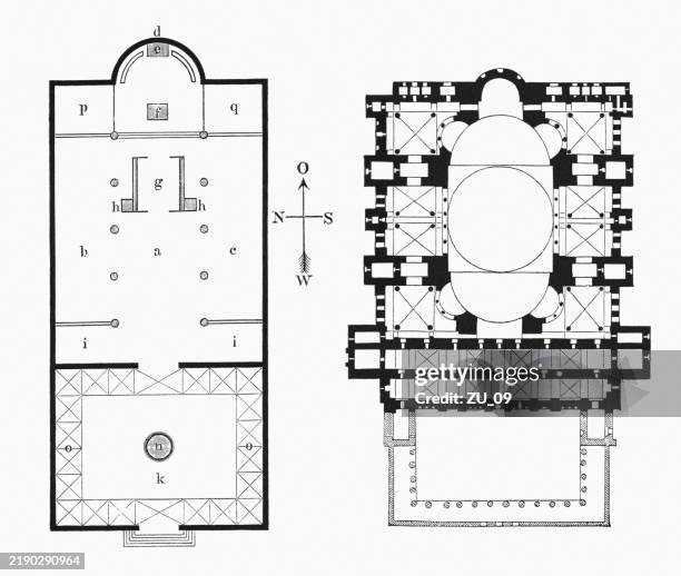 floor plans of early christian churches, wood engraving, published 1883 - mosque stock illustrations