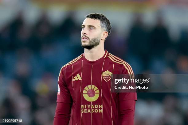 Mario Hermoso of AS Roma looks on during the Coppa Italia match between AS Roma and UC Sampdoria at Stadio Olimpico on December 18, 2024 in Rome,...