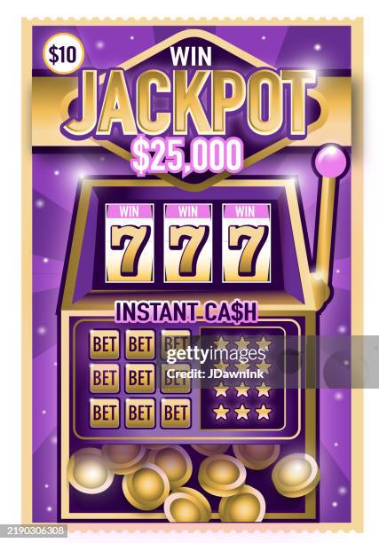 bildbanksillustrationer, clip art samt tecknat material och ikoner med scratch lottery jackpot with slot machine scratch ticket design template - lotteri