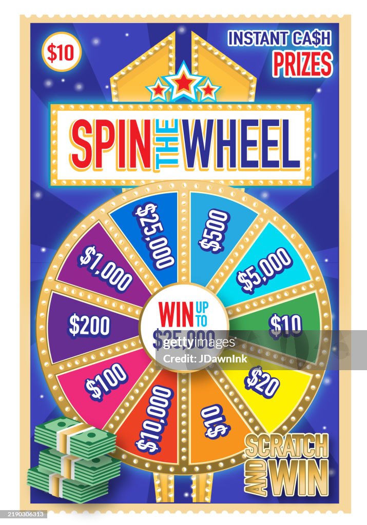 Scratch lottery scratch ticket design with spinning wheel template