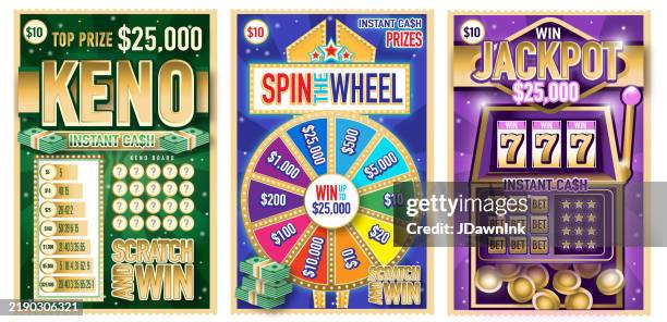 illustrations, cliparts, dessins animés et icônes de ensemble de billets de loterie à gratter keno, spin the wheel et jackpot avec machine à sous de casino - gagner casino