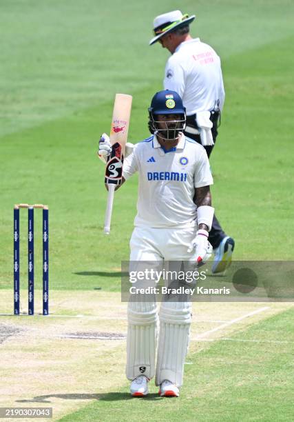 Rahul of India raises his bat after scoring a half century during day four of the Third Test match in the series between Australia and India at The...