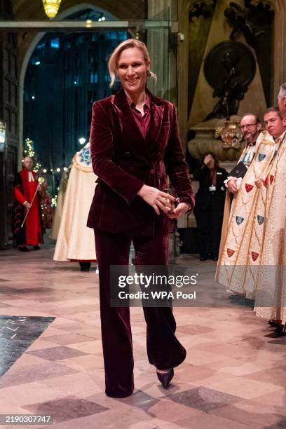 Zara Tindall arrives for the Together At Christmas carol service at Westminster Abbey on December 6, 2024 in London, England. The Prince and Princess...