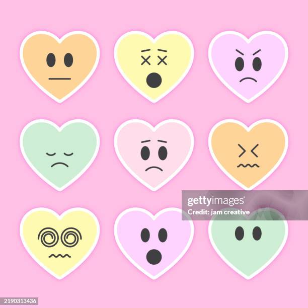 illustrazioni stock, clip art, cartoni animati e icone di tendenza di adesivi emoji a forma di cuore: accigliato, frustrato, arrabbiato, triste, scioccato - cuore spezzato