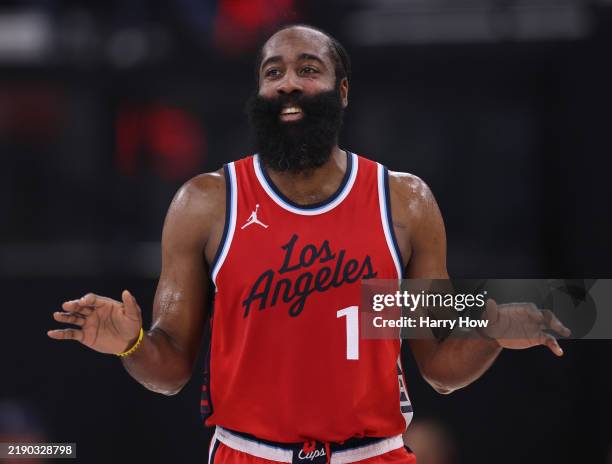 James Harden of the LA Clippers reacts to a Utah Jazz foul during the first half at Intuit Dome on December 16, 2024 in Inglewood, California. NOTE...