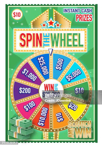 illustrazioni stock, clip art, cartoni animati e icone di tendenza di design del biglietto gratta e vinci della lotteria con modello di ruota che gira - jackpot