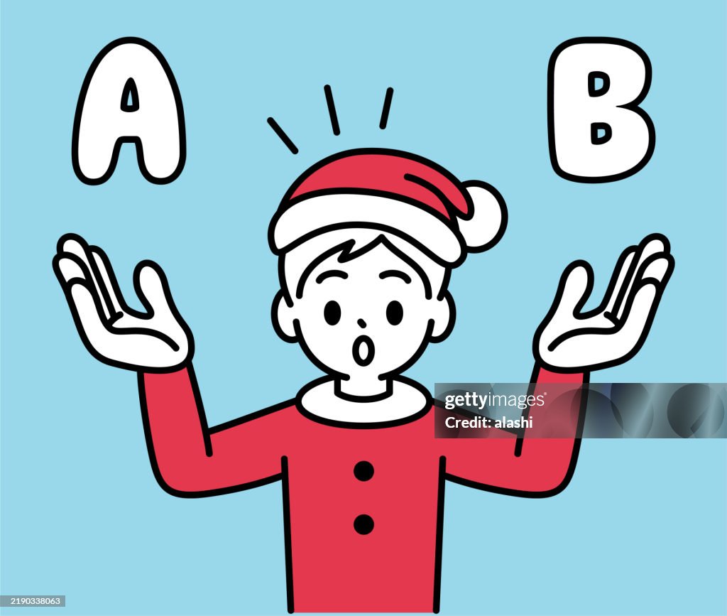 An innocent boy in a Christmas suit looks at the viewer, showing A and B with both hands. Different options exist, comparing A and B, in a minimalist style with a black-and-white outline