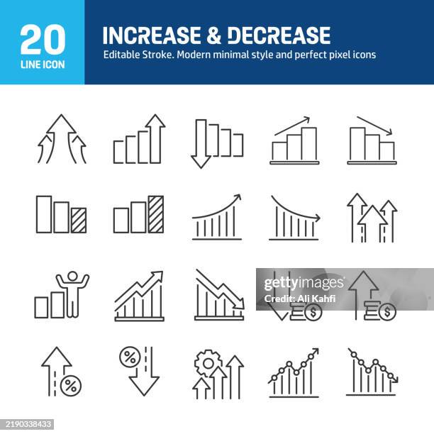 increase and decrease line icons. editable stroke and perfect pixel on clean white background. containing growth, statistic, graph icons collection. vector illustration. - lowering stock illustrations