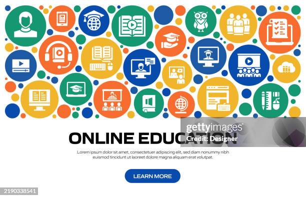 online-bildung bezogene vektorillustration. fernstudium, technologie, internet, verbindung, tutorials, e-learning - anweisungen konzepte stock-grafiken, -clipart, -cartoons und -symbole