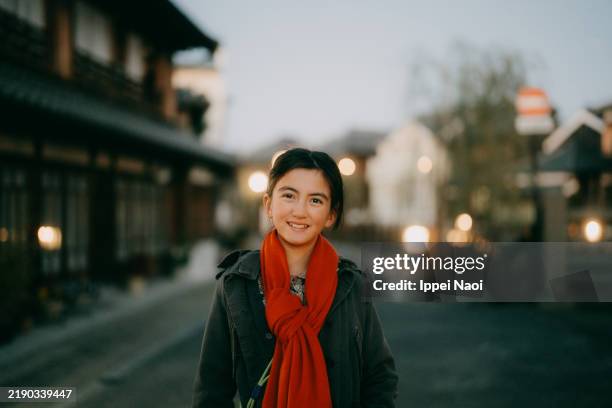 young girl in winter at night, sawara, chiba, japan - jahreszeiten stock-fotos und bilder