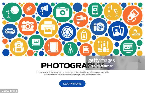 photography related vector illustration. camera, lens, camera film, dslr, memory card, studio light - lightbox stock illustrations