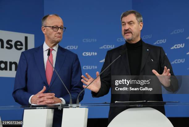 Friedrich Merz, leader of the German Christian Democratic Union , and Markus Soeder, leader of the Christian Social Union , the CDU's Bavarian sister...