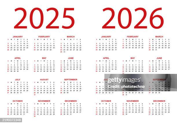 12-monatskalender für 2025 - 2026 jahreskalendervorlage. die woche beginnt am sonntag. - tischkalender stock-grafiken, -clipart, -cartoons und -symbole