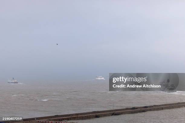 Cross channel ferries heading towards Calais from Dover on the 18th of December 2024 Dover, Kent, United Kingdom. Dover is the nearest port to France...