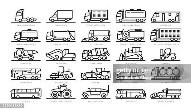 ilustraciones, imágenes clip art, dibujos animados e iconos de stock de íconos de vehículos industriales y de propósito especial - camión frigorífico