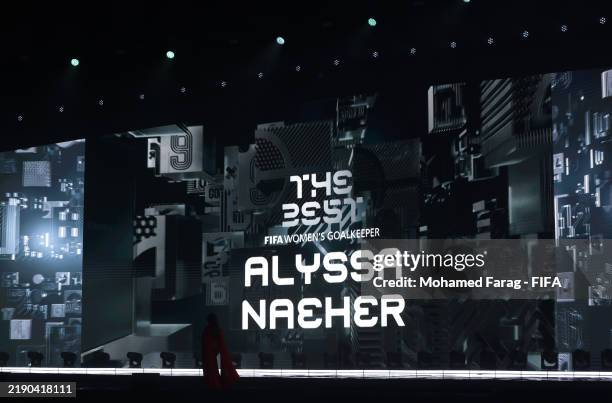 The big screen shows Alyssa Naeher of Chicago Red Stars the winner of The Best FIFA Women's Goalkeeper Award trophy during the The Best FIFA Football...
