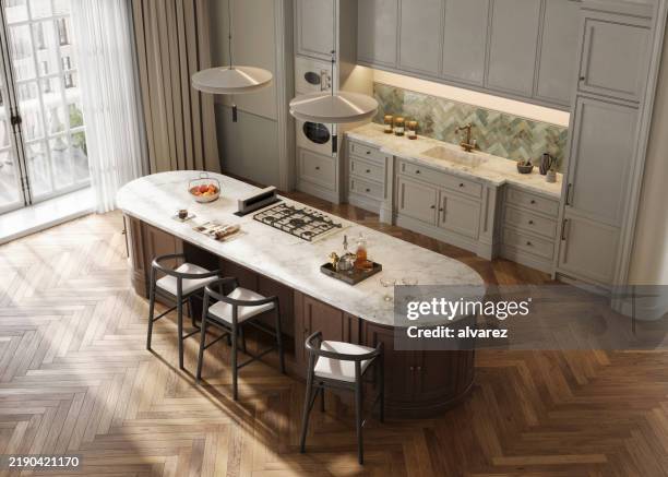 overhead view of digitally generated luxury kitchen design - kitchen island stock pictures, royalty-free photos & images