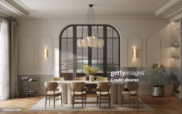 comedor de lujo generado digitalmente con puertas de vidrio y luz colgante - interiores-modelos fotografías e imágenes de stock