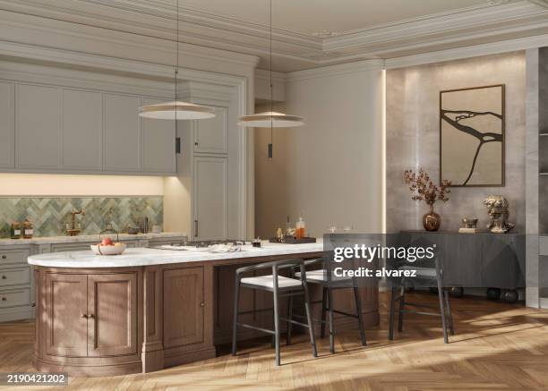digitally generated modern kitchen with elegant decor and central island - kitchen island stock pictures, royalty-free photos & images