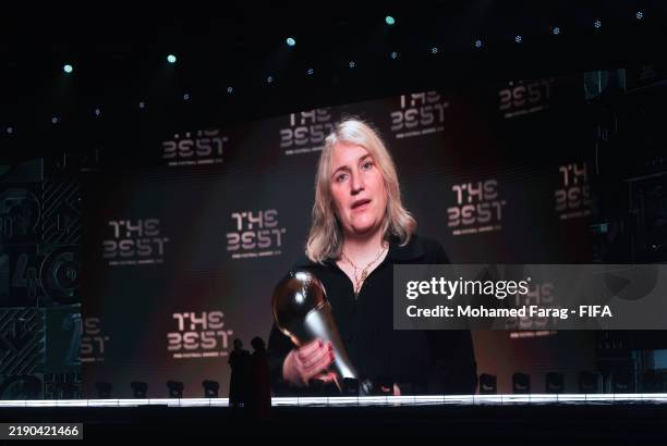 The big screen shows a recording of Emma Hayes, Head Coach of Unites States, after winning The Best FIFA Women's Coach during the The Best FIFA...