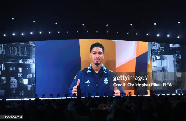 The big screen shows a recording of Jude Bellingham of Real Madrid after being named in The Best FIFA Men's 11 during the The Best FIFA Football...