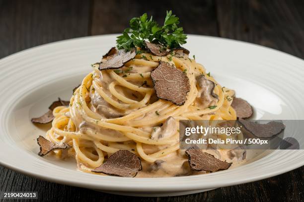 a white plate with spaghetti or pasta in a truffle and cream sauce - tagliatelle fotografías e imágenes de stock