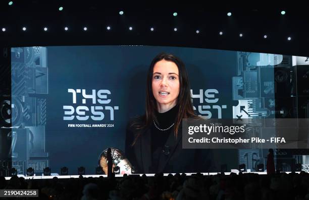 The big screen shows a recording of Aitana Bonmati of FC Barcelona after winning The Best FIFA Women's Player Award during the The Best FIFA Football...