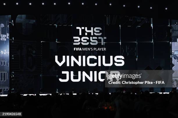The big screen shows Vinicius Junior of Real Madrid the winner of The Best FIFA Men's Player Award during the The Best FIFA Football Awards 2024 at...