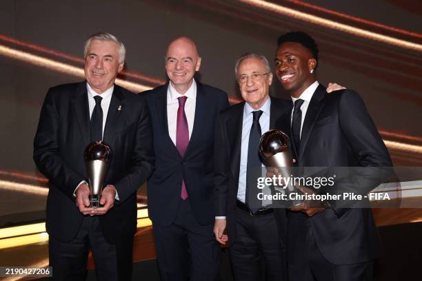 Carlo Ancelotti, Head Coach of Real Madrid, Gianni Infantino, President of FIFA, Florentino Perez, President of Real Madrid, and Vinicius Junior of...